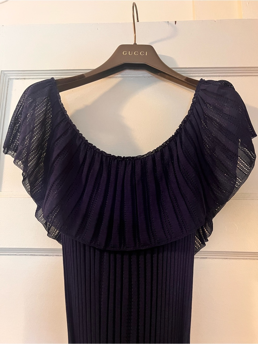 Gucci Dark Navy Ribbed Knit Top with Scalloped Neck